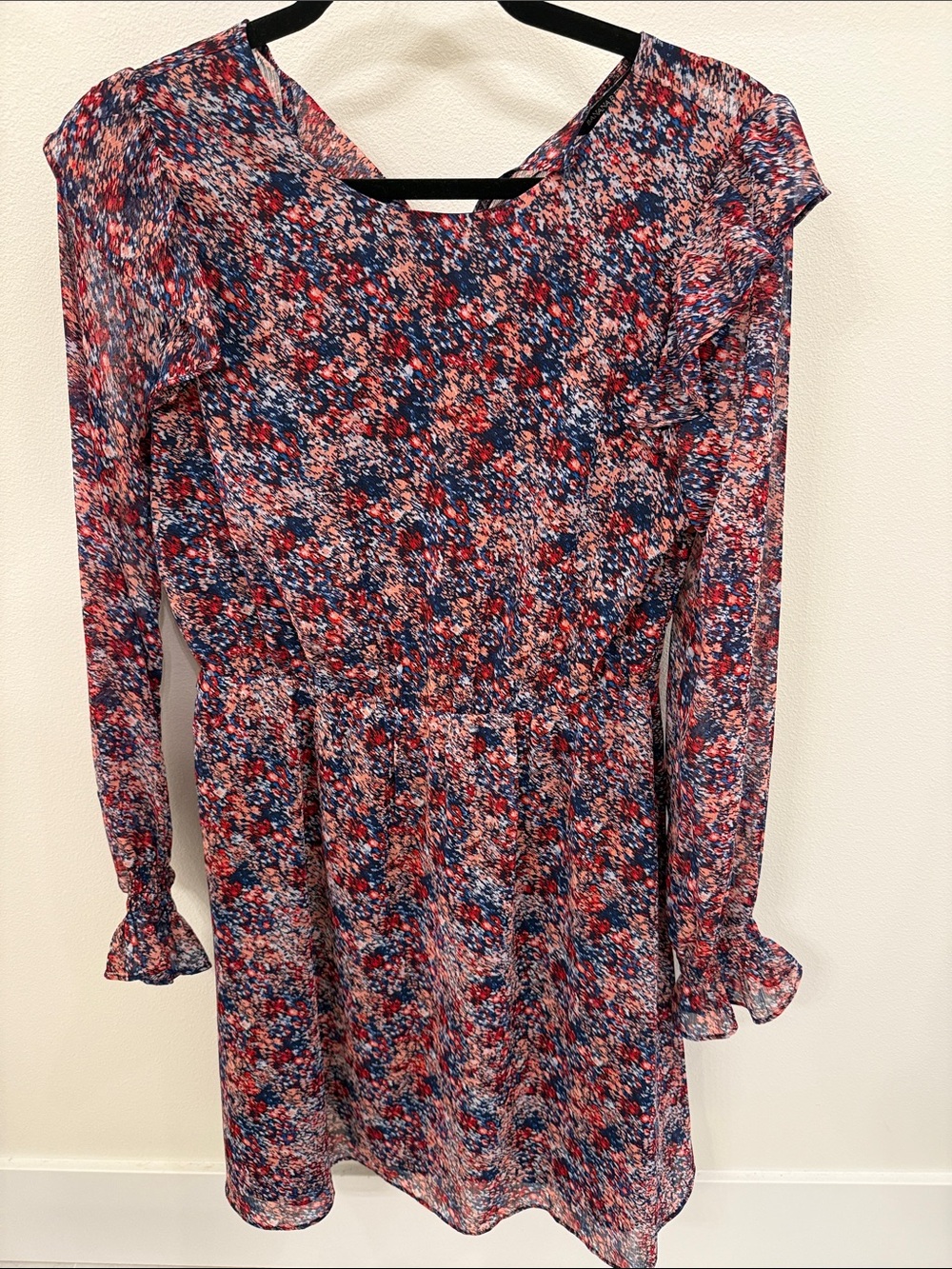 Banana Republic Navy and Red Floral Long-Sleeve Casual Dress